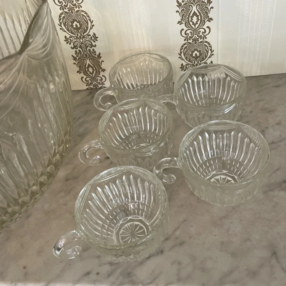 Vintage Indiana Glass Company Royal Drape Punch Bowl Set 10‎ Ribbed Hooked Cups
